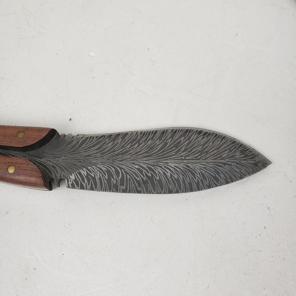 Custom Damascus Steel Feather Blade Hunting Knife Wood Handle Leather Sheath 8in